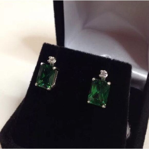 Beautiful 3ctw Emerald & White Sapphire Earrings Emerald Cut Emerald Earrings - Picture 6 of 6